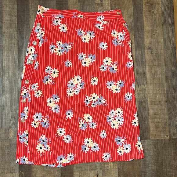 MADEWELL Womens Red Floral Striped Side Button Skirt Knee Length Daisy Society 4 - Picture 4 of 9